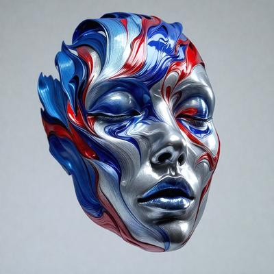 The primary subject of the image is a close-up of a face with a blue and red painted design. The face appears to be a sculpture or a piece of art, possibly made of metal. The setting is a white background, which provides a clean and minimalistic environment for the artwork. The visual style is a combination of digital art and illustration, as the face is depicted with a vibrant and detailed design. The colors and mood of the image are energetic and lively, with the blue and red
